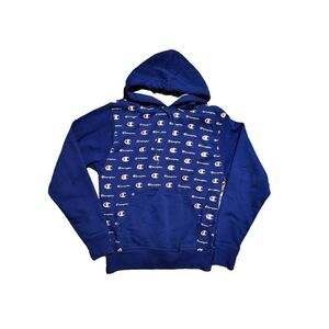 Champion Powerblend All Over Logo Fleece Hoodie Valiant Blue Small